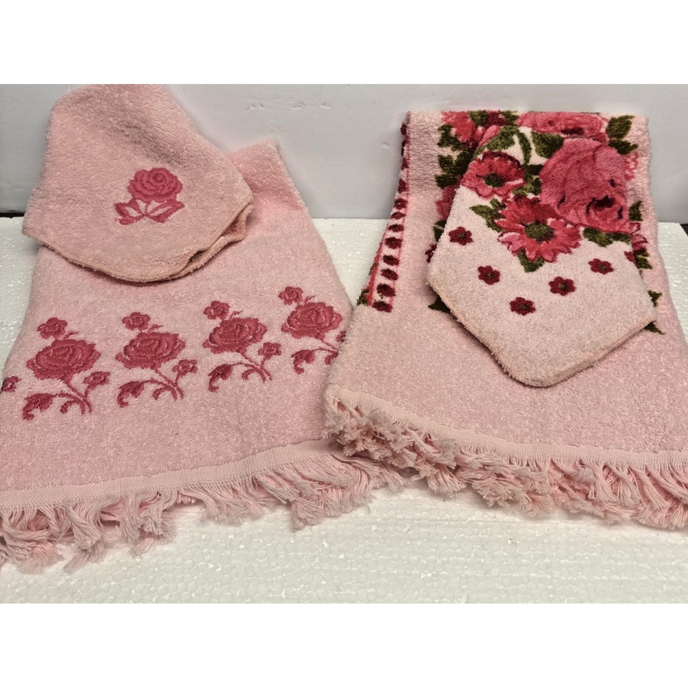 4 Pc Set Vtg Dundee Pink Floral Towels Hand & Washcloth New Unused